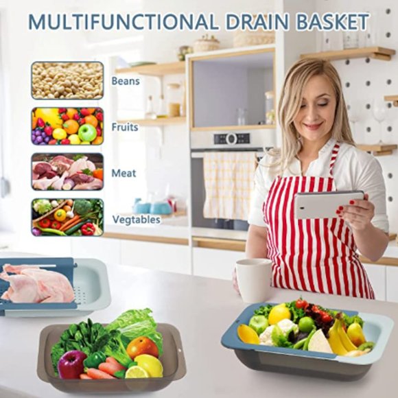 Extendable Over-the-Sink Kitchen Strainer - Colander Basket Set w/ Bowl (Blue) - Picture 6 of 11